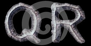 Set of capital letters Q, R made of forged metal isolated on black background. 3d