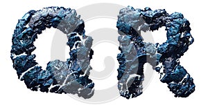 Set of capital letters Q, R made of ice isolated on white background. 3d
