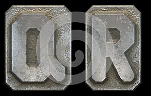 Set of capital letters Q and R made of industrial metal isolated on black background. 3d