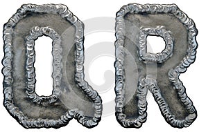 Set of capital letters Q and R made of industrial metal isolated on white background. 3d