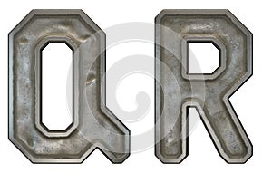 Set of capital letters Q and R made of industrial metal isolated on white background. 3d
