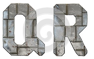 Set of capital letters Q and R made of industrial metal isolated on white background. 3d