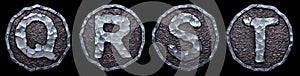Set of capital letters Q, R, S, T made of forged metal in the center of coin isolated on black background. 3d