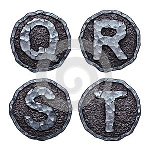 Set of capital letters Q, R, S, T made of forged metal in the center of coin isolated on white background. 3d