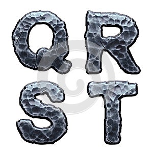 Set of capital letters Q, R, S, T made of forged metal isolated on white background. 3d