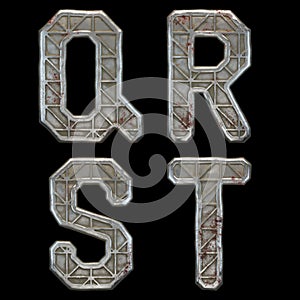 Set of capital letters Q, R, S, T made of industrial metal isolated on black background. 3d