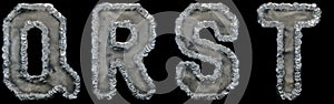 Set of capital letters Q, R, S, T made of industrial metal isolated on black background. 3d