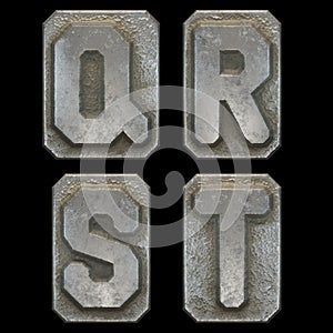 Set of capital letters Q, R, S, T made of industrial metal isolated on black background. 3d