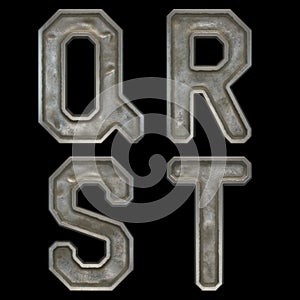 Set of capital letters Q, R, S, T made of industrial metal isolated on black background. 3d