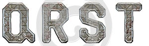 Set of capital letters Q, R, S, T made of industrial metal isolated on white background. 3d