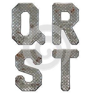 Set of capital letters Q, R, S, T made of industrial metal isolated on white background. 3d