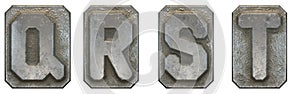 Set of capital letters Q, R, S, T made of industrial metal isolated on white background. 3d