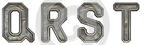 Set of capital letters Q, R, S, T made of industrial metal isolated on white background. 3d