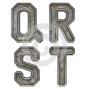 Set of capital letters Q, R, S, T made of industrial metal isolated on white background. 3d