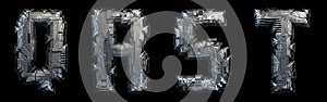 Set of capital letters Q, R, S, T made of metal isolated on black background. 3d