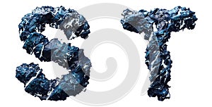 Set of capital letters S, T made of ice isolated on white background. 3d