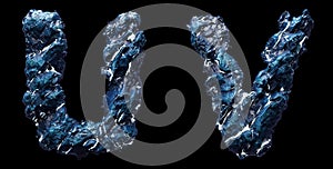 Set of capital letters U, V made of ice isolated on black background. 3d