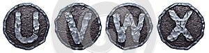 Set of capital letters U, V, W, X made of forged metal in the center of coin isolated on white background. 3d