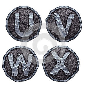 Set of capital letters U, V, W, X made of forged metal in the center of coin isolated on white background. 3d