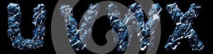 Set of capital letters U, V, W, X made of ice isolated on black background. 3d