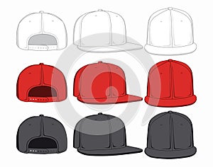 Set of caps, front, back and side view. Vector illustration.