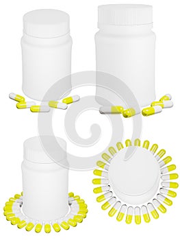 Set of capsule pills and white plastic bottle.