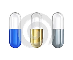 A set of capsules with transparent halves vertically.