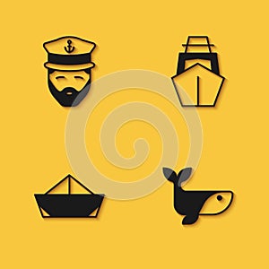 Set Captain of ship, Whale, Folded paper boat and Yacht sailboat icon with long shadow. Vector