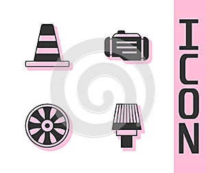 Set Car air filter, Traffic cone, Alloy wheel for car and Check engine icon. Vector