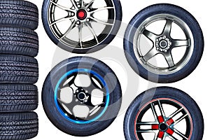 Set with car alloy wheels and tires