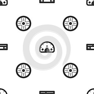 Set Car Audio, Speedometer and Alloy wheel on seamless pattern. Vector
