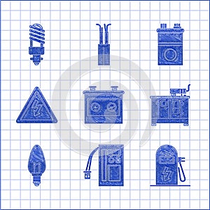 Set Car battery, Battery, Electric car charging station, Diesel power generator, Light bulb, High voltage sign, and LED