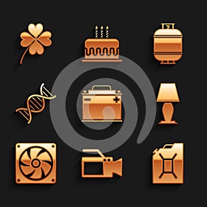 Set Car battery, Cinema camera, Canister for gasoline, Table lamp, Computer cooler and DNA symbol icon. Vector
