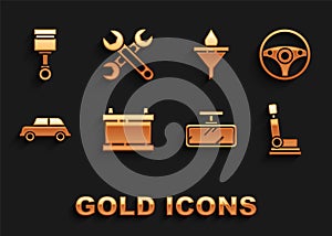 Set Car battery, Steering wheel, seat, mirror, Funnel filter and motor oil drop, Engine piston and Wrench icon. Vector