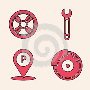 Set Car brake disk with caliper, Car wheel, Wrench and Location with parking icon. Vector