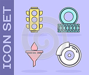 Set Car brake disk with caliper, Traffic light, Funnel or filter and motor oil drop and Car wheel icon. Vector