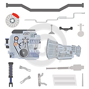 Set of car chassis parts with internal combustion engine and transmission systems parts