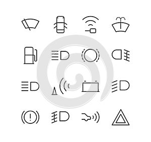 Set of car dashboard and control button icons, brake, fuel, battery, safety, fog.