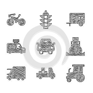Set Car, Delivery truck, Tractor, Cargo ship, cargo, TV News, Rv Camping trailer and Bicycle icon. Vector