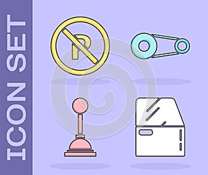 Set Car door, No Parking or stopping, Gear shifter and Timing belt kit icon. Vector