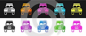 Set Car icon isolated on black and white background. Front view. Vector