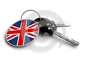 Set of car keys with keyring and country flag.