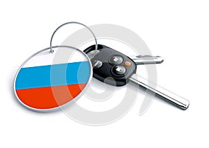 Set of car keys with keyring and country flag. Concept for car p