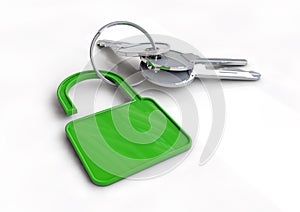 Set of car keys with keyring of green lock icon