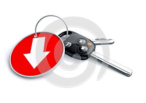 Set of car keys and keyring isolated on white with arrow on red photo