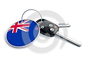 Set of car keys with keyring and New Zealand country flag.