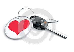 Set of car keys with keyring and red heart icon. Concept for how