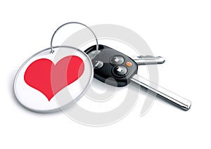Set of car keys with keyring and red heart icon. Concept for how photo