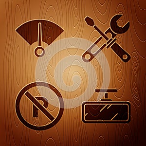 Set Car mirror, Speedometer, No Parking or stopping and Screwdriver and wrench tools on wooden background. Vector