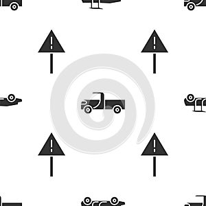 Set Car, Pickup truck and Exclamation mark in triangle on seamless pattern. Vector